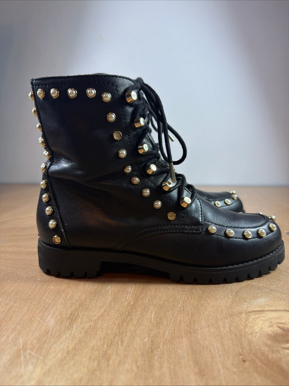 Joie Halyn combat boots black leather pearl embellishments 37.5 Women’s